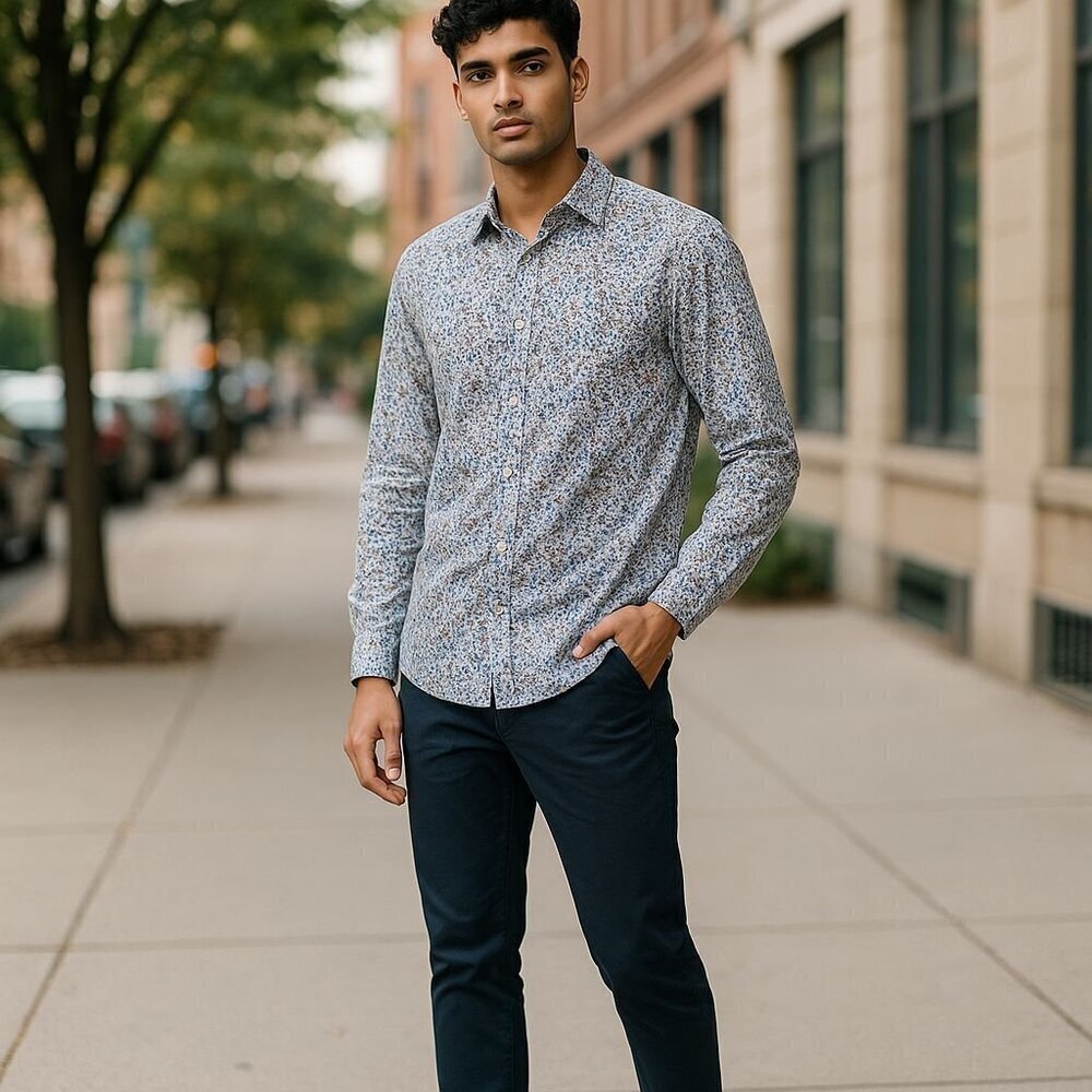 THOMAS DEAN Mens Shirt Button-down Blue Dot Pattern 100%Cotton Shirt w/Contrast